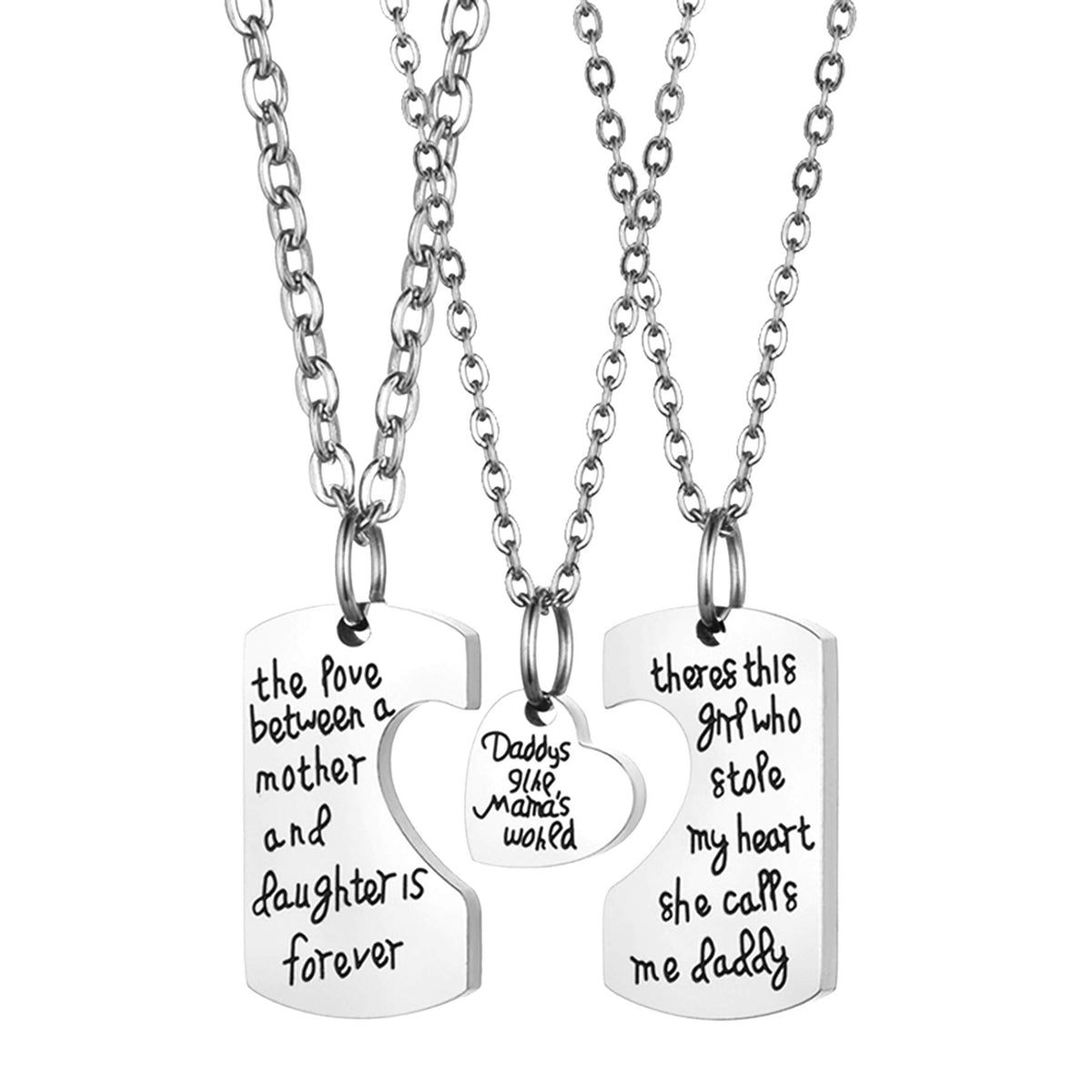 JewelryWe 3PCS Love Puzzle Necklaces Matching Set for Dad Daughter Mommy Stainless Steel Keychain Pendant Necklaces,Silver