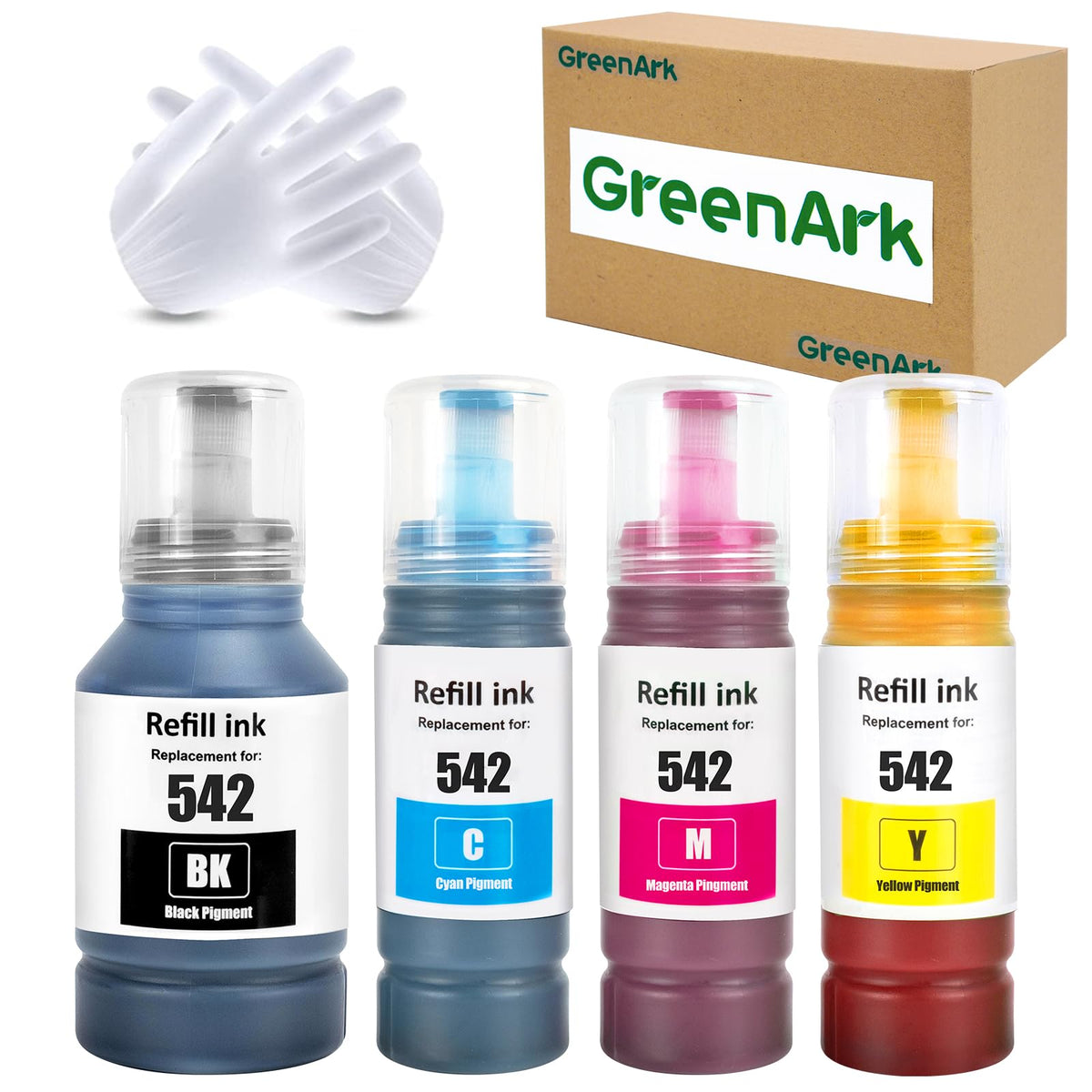 GREENARK 542 T542 Ink Compatible for Epson E-542 Refill Bottle Ink for Epson EcoTank Pro ET-5150 ET-5127 ET-5180 ET-5800 ET-5850 ET-5880 ET-16650 ET-16600 (4 Packs,Black Cyan Magenta Yellow)