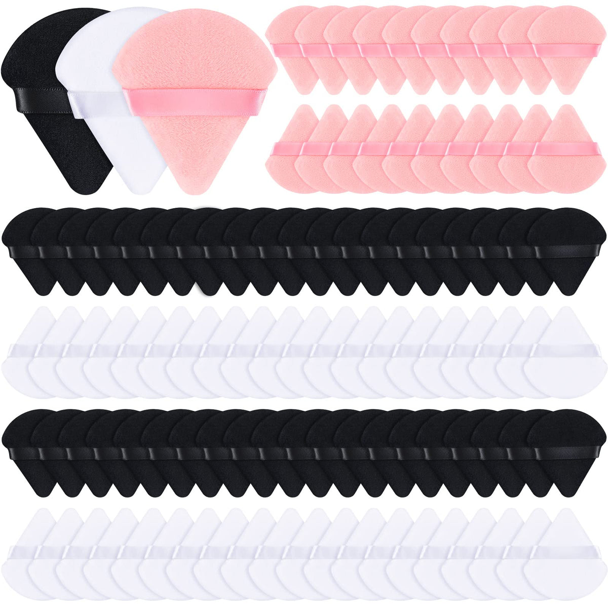 100 Pcs Powder Puff Face Soft Makeup Puff Triangle Powder Puffs for Loose Powder Mineral Powder Body Powder Velour Cosmetic Foundation Wet Dry Sponge Makeup Tools (Black, White, Pink)