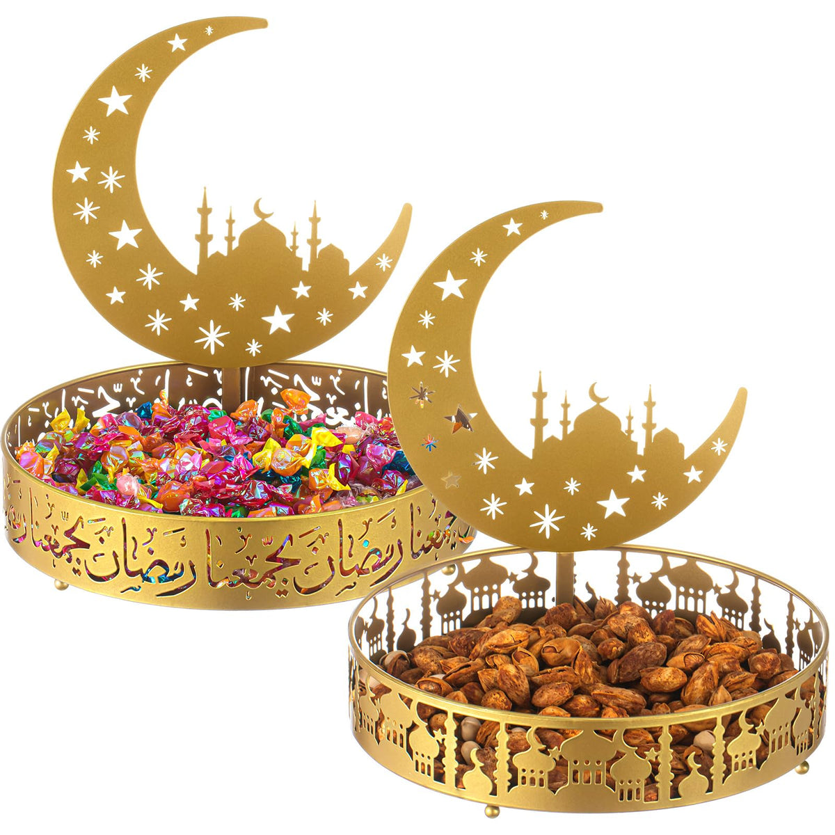 Perthlin 2 Pcs Ramadan Eid Plate Tray Mubarak Moon Dinner Tray Ramadan Serving plate Round Metal Muslim Dessert Trays Food Storage Display Holder for Eid Party Table Centerpiece