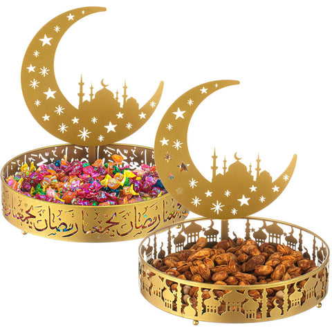 Perthlin 2 Pcs Ramadan Eid Plate Tray Mubarak Moon Dinner Tray Ramadan Serving plate Round Metal Muslim Dessert Trays Food Storage Display Holder for Eid Party Table Centerpiece