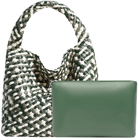 Women Vegan Leather Hand-Woven Tote Handbag Fashion Shoulder Top-handle Bag All-Match Underarm Bag with Purse (White&Grass Green)