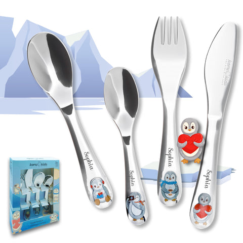 Koru KidsÃƒÆ’Ã†â€™ÃƒÂ¢Ã¢â€šÂ¬Ã…Â¡ÃƒÆ’Ã¢â‚¬Å¡Ãƒâ€šÃ‚Â® Penguin Childrens Cutlery with Engraving - Engraved in Disabled Furniture - Childrens Cutlery with Name Engraving - Dishwasher Safe - Christening Gift - Boy Girl - Christening Gift