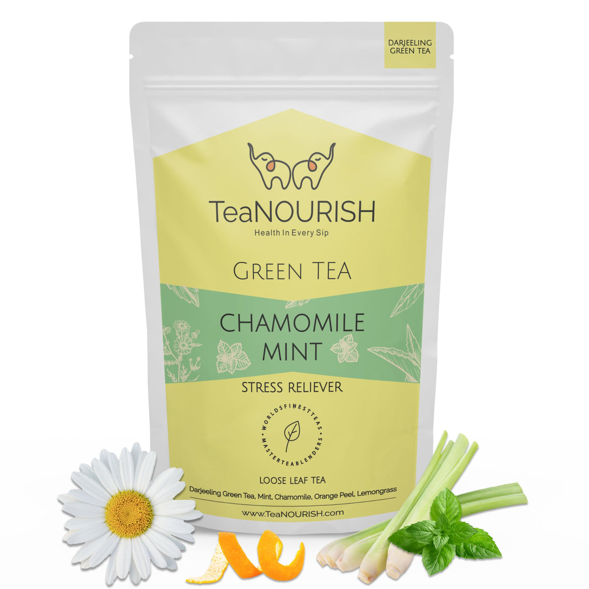 TeaNOURISH Chamomile Mint Green Tea | Darjeeling Loose Leaf Tea | Natural Sleep Tea with Calming & Relaxing Properties | 50 Cups Hot or Iced Tea - 3.53oz/100g