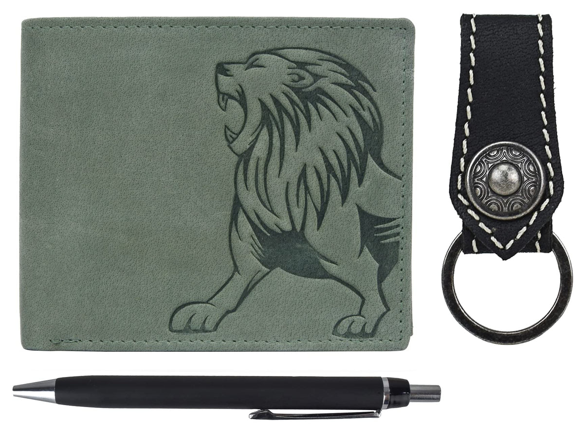 URBAN FOREST Leo Leather Wallet Combo for Men, Vintage Green + Pen + Keychain, Two Fold Wallet