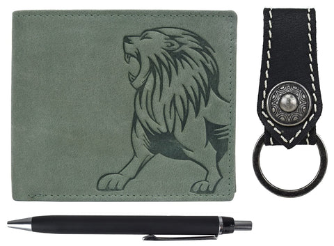 URBAN FOREST Leo Leather Wallet Combo for Men, Vintage Green + Pen + Keychain, Two Fold Wallet