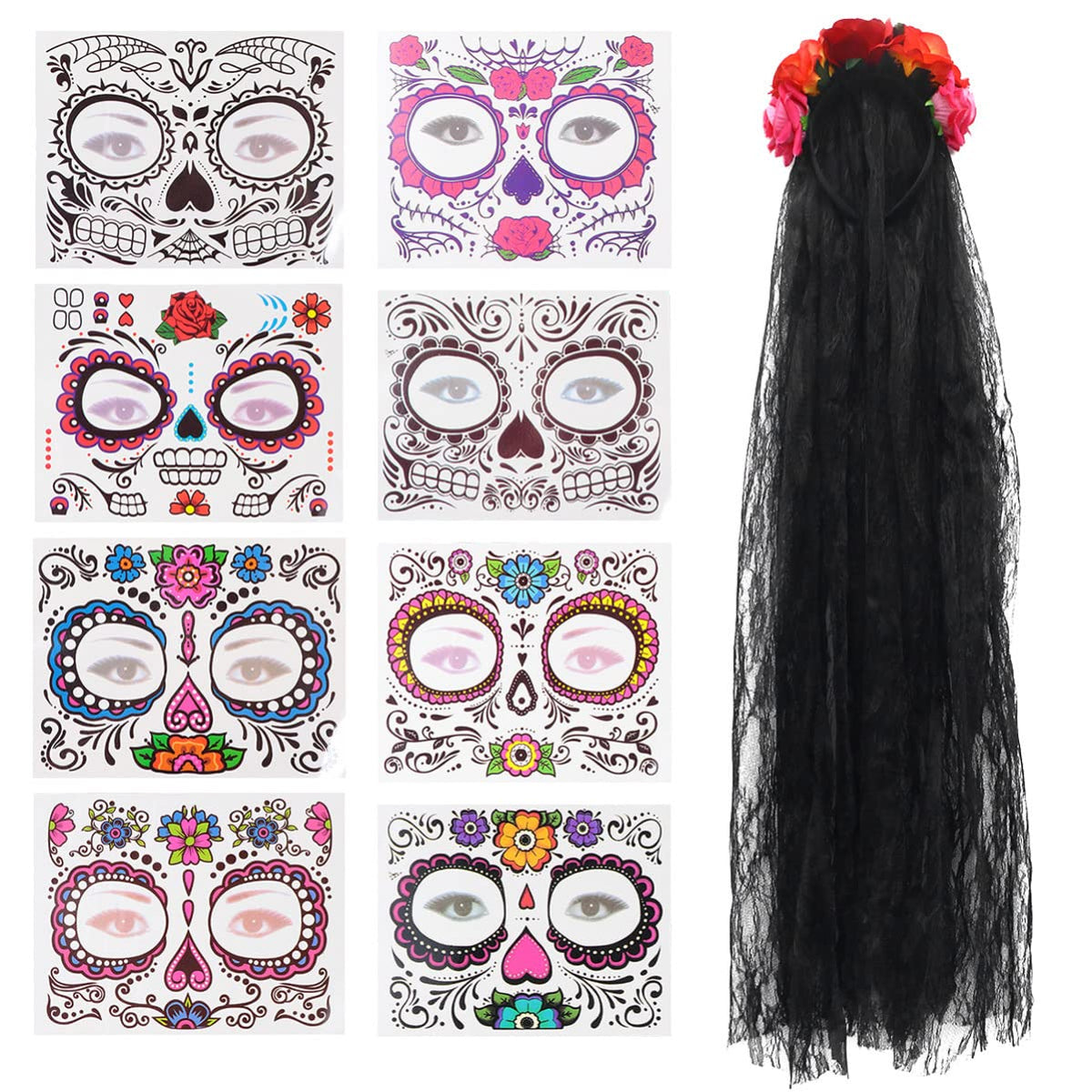 Lurrose Day of The Dead Headband Rose Floral Veil Headpiece with 8 Pieces Halloween Face Temporary Tattoos Tattoos for Cosplay Costume Party