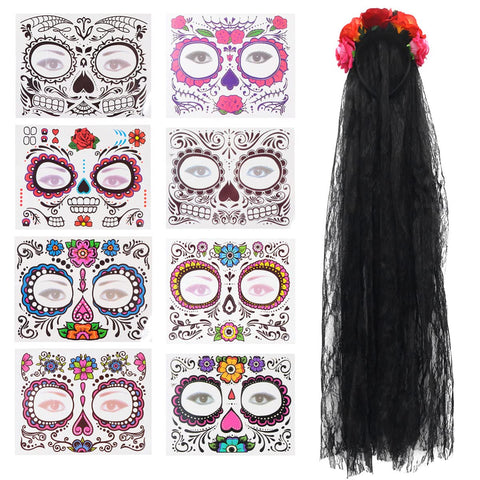 Lurrose Day of The Dead Headband Rose Floral Veil Headpiece with 8 Pieces Halloween Face Temporary Tattoos Tattoos for Cosplay Costume Party