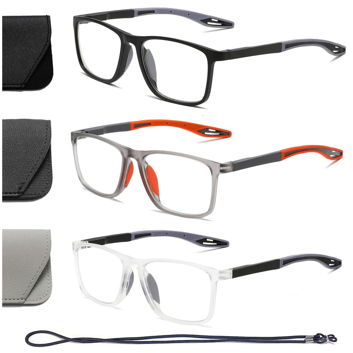 Hubeye 3 Pairs TR90 Sports Reading Glasses for Men and Women Square Comfortable Flexible Blue Light Blocking Computer Readers 1.25