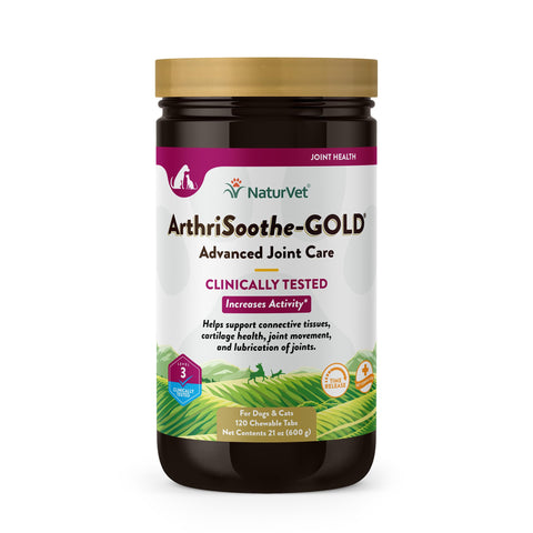 NaturVet - ArthriSoothe-GOLD - Level 3 Advanced Joint Care | Clinically Tested to Support Connective Tissue, Cartilage Health & Joint Movement | Enhanced with Glucosamine, MSM, Chondroitin & Green Lipped Mussel | For Dogs & Cats | 120 Chewable Tablets