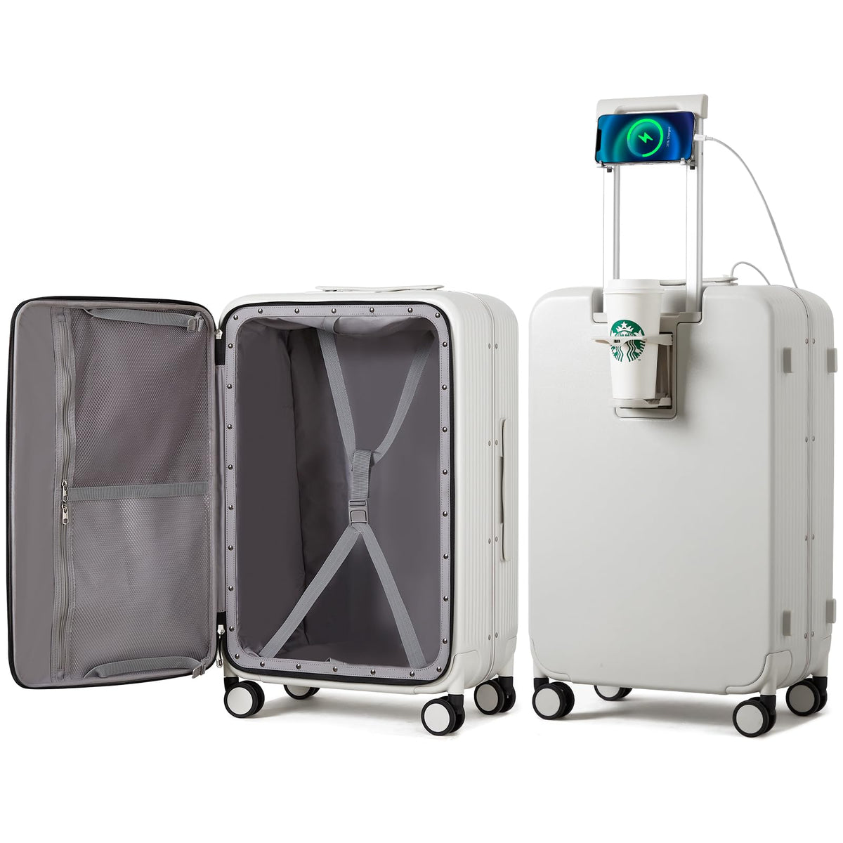 mixi Luggage PC Hardside Rolling Suitcase with Spinner Wheel TSA Lock with Cup Phone Holder, Smoke white, 66.04 cm, Fashionable