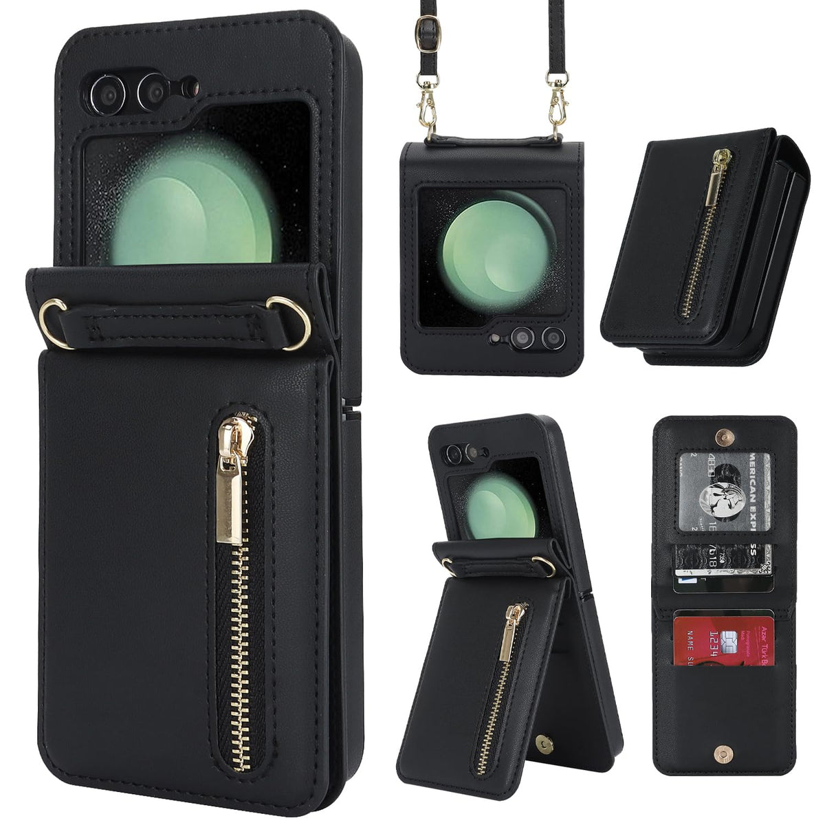 XIMAND for Samsung Galaxy Z Flip 6 Luxury Zipper Wallet Phone Case, Multi-Function Kickstand Card Holder Adjustable Crossbody Strap, Fashion Flip Case.(Black)
