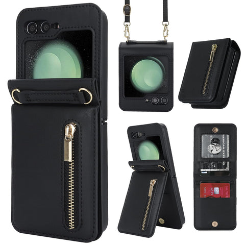 XIMAND for Samsung Galaxy Z Flip 6 Luxury Zipper Wallet Phone Case, Multi-Function Kickstand Card Holder Adjustable Crossbody Strap, Fashion Flip Case.(Black)