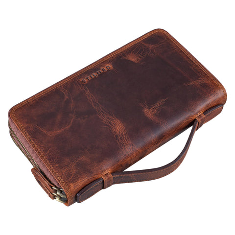 STILORD 'Sean' Men's Leather Wallet with Handle Large Purse Wrist Men Huge Wallet RFID Wallet Men Vintage Wrist Bag with RFID Blocking Genuine Leather, Colour:Kara - Cognac