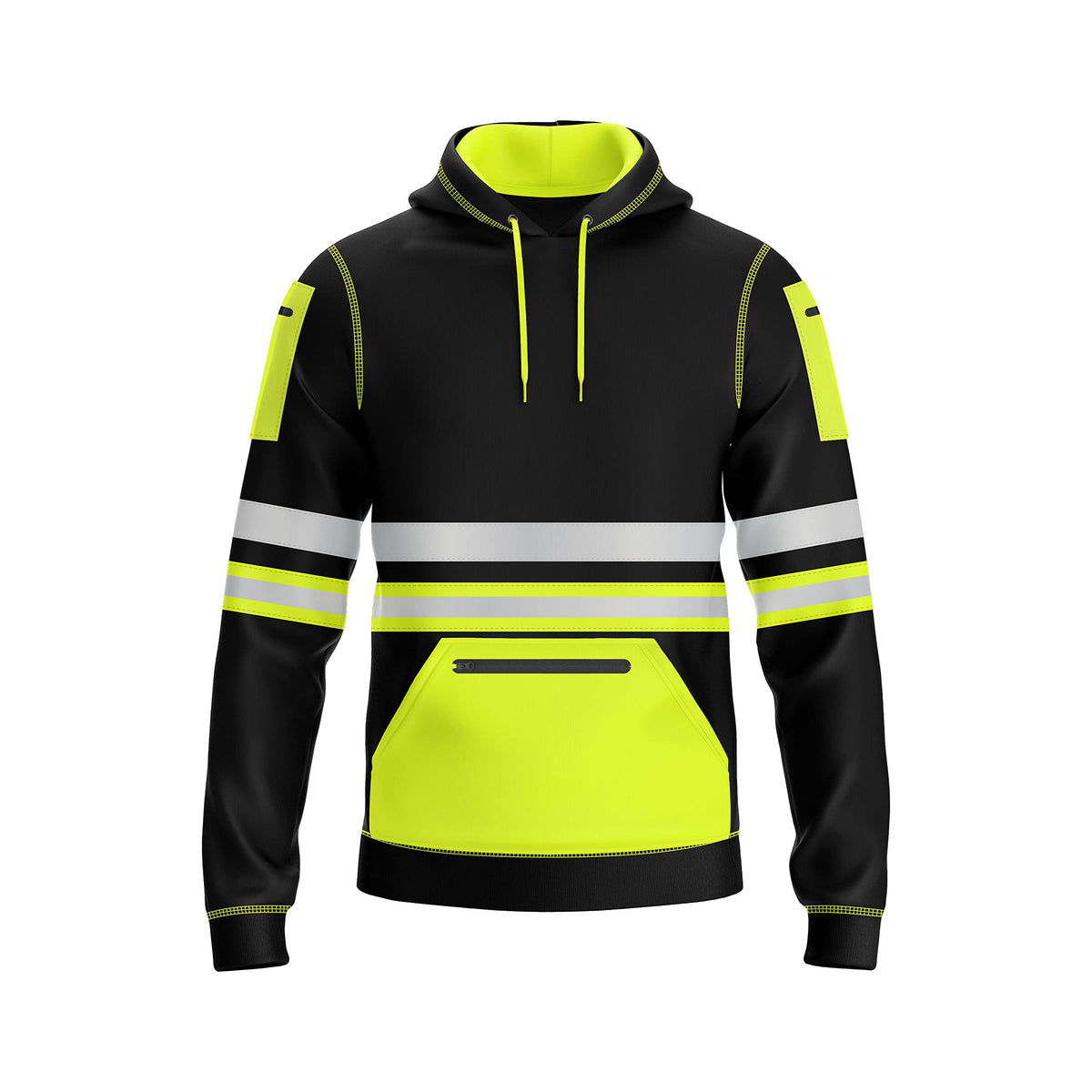 mymixtrendz Hi Vis Mens Pullover Hoodie Reflective Tape Safety Work Multi Zipped Pockets Drawstring High Viz High Visibility Hoodie Sweatshirt Yellow Black