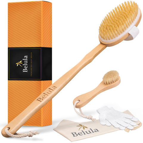 Belula Premium Dry Brushing Body Brush Set- Natural Boar Bristle Body Brush, Exfoliating Face Brush & One Pair Bath & Shower Gloves. Free Bag & How To - Great Gift For A Glowing Skin & Healthy Body