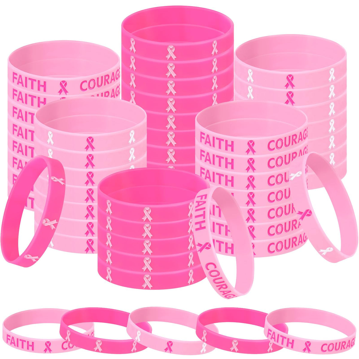 Liliful Breast Cancer Awareness Pink Ribbon Bracelets Breast Cancer Awareness Silicone Wristbands Breast Cancer Bracelets Pink Ribbon Wristband Inspiring Wristbands for Women Event Party (200 Pcs)
