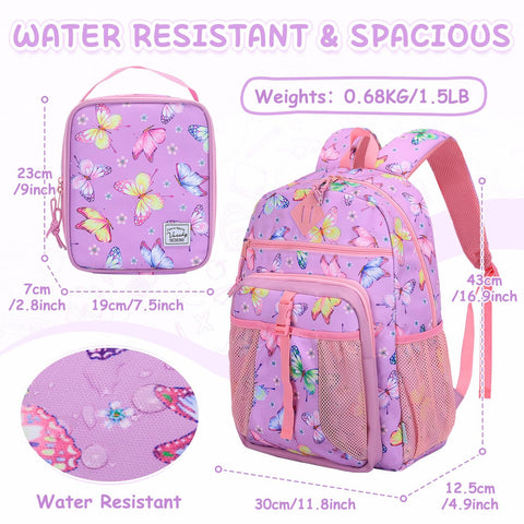 VASCHY Girls Backpack, School Bag Lunch Bag Set for Kids 2-1 Rucksack Bookbag Insulated Lunch Box for Toddlers,Preschool,Daycare,Kindergarten,Elementary School(Butterfly)