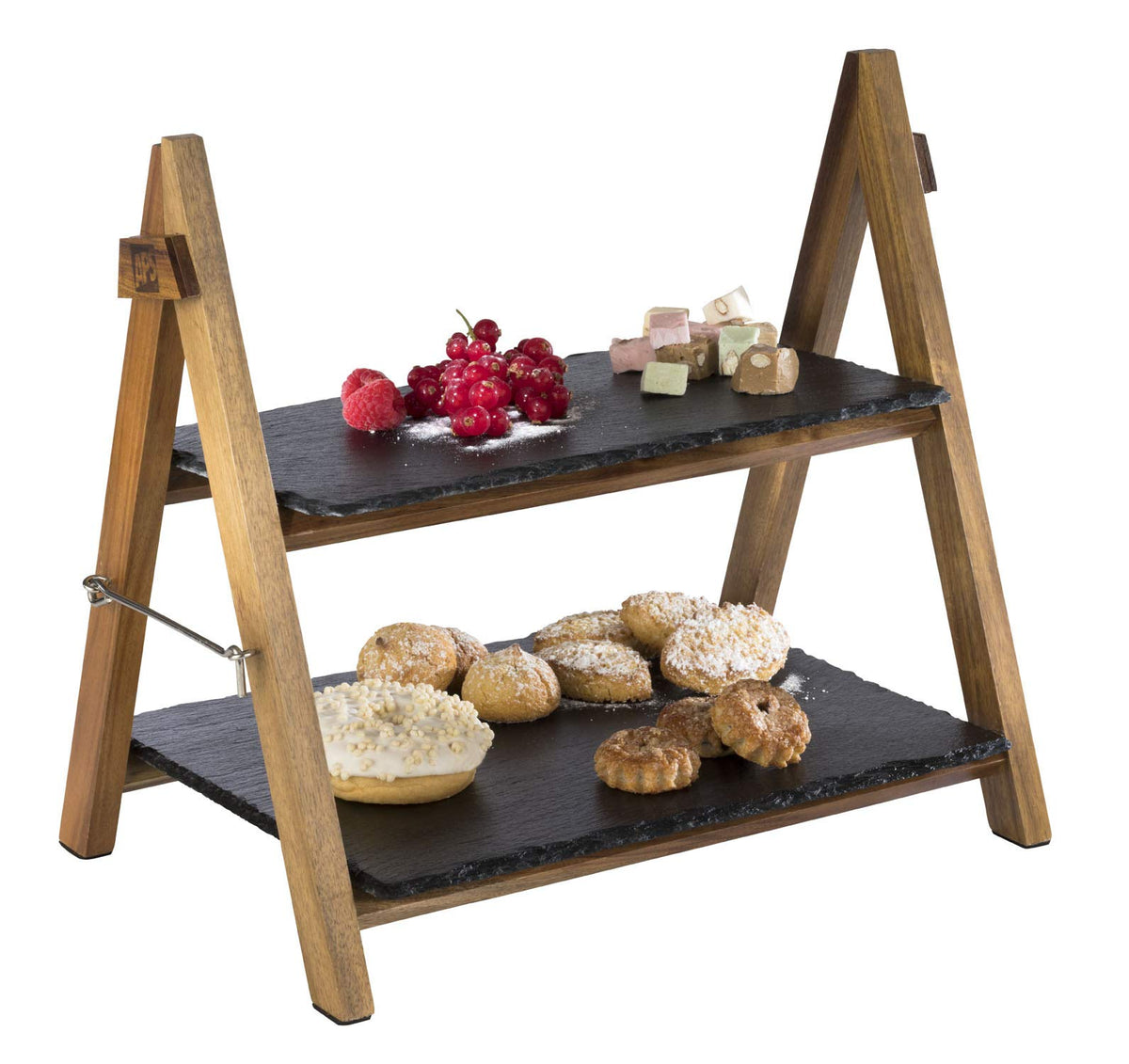 APS Serving Rack - 2-Tier Acacia Wood Frame with Two Slate Tops - Foldable, Washable - Also Suitable for Cold Dishes and for Cooling