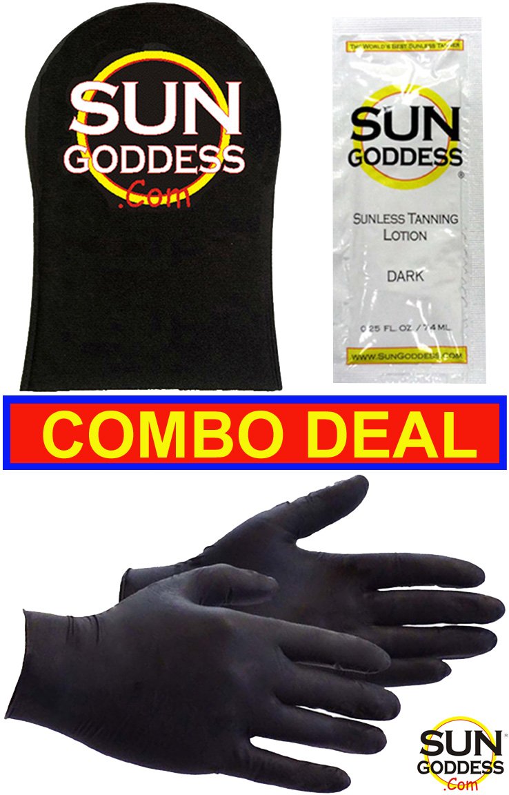 Sun Goddess - Best Combo Deal - Includes: 1 Sunless Self Tan Applicator Mitt + Sunless Self Tanner Lotion Sample + 1 PAIR Sunless Self Tanning Application Gloves - Self Tanning Mitt Lotion Gloves