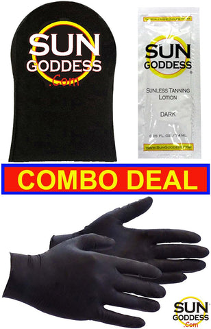 Sun Goddess - Best Combo Deal - Includes: 1 Sunless Self Tan Applicator Mitt + Sunless Self Tanner Lotion Sample + 1 PAIR Sunless Self Tanning Application Gloves - Self Tanning Mitt Lotion Gloves