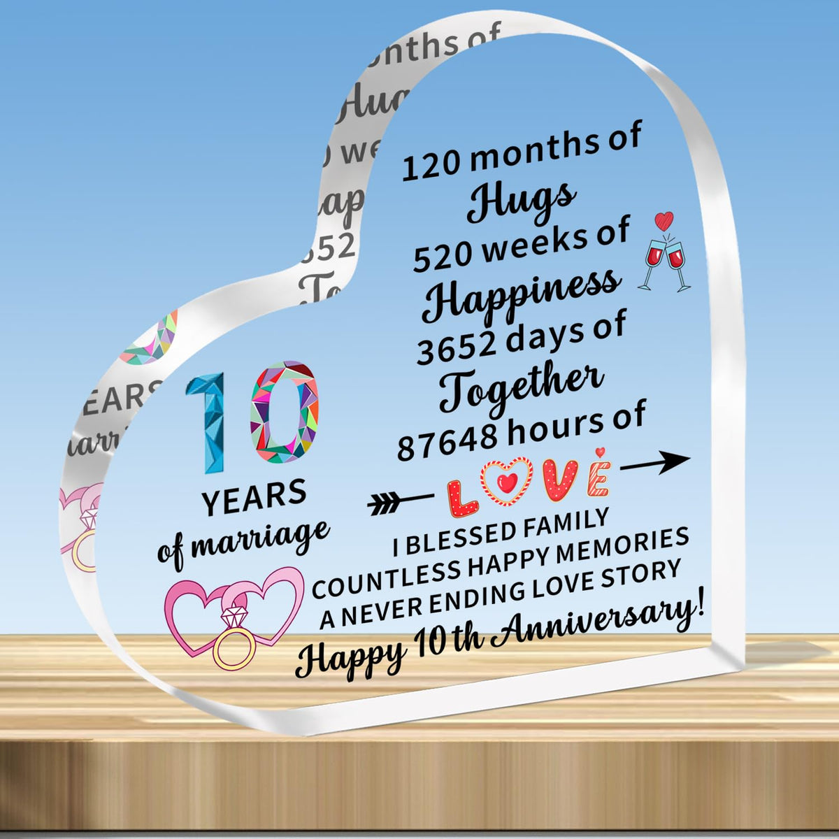 JMIMO 10th Tin Wedding Anniversary Present for Her and Him 10 years of marriage gifts for Couple Wife Husband Heart-Shaped Acrylic Keepsake Gift