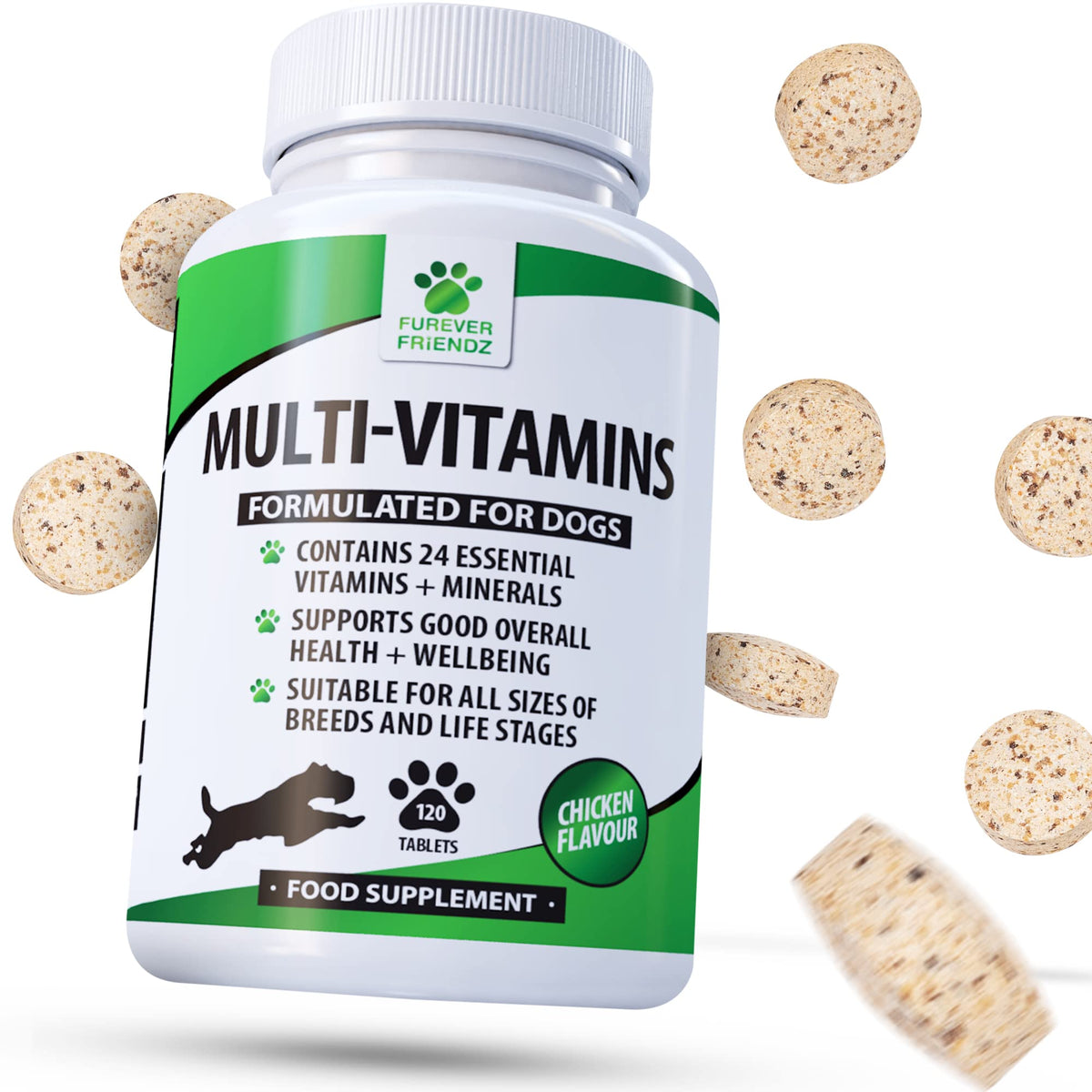 Furever Friendz Daily Multivitamin Dog Supplement - 120 Chewable Chicken Flavour Tablets - Dog Vitamins and Supplements - 24 Nutrients, Vitamins For Dogs Helps with Brain, Heart & Joint Function