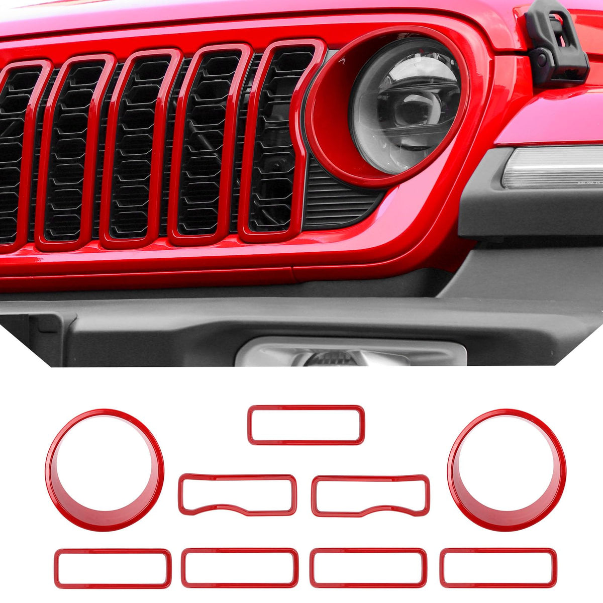 JeCar Grill Inserts for Jeep Wrangler JL JLU 2024+ Grill Covers & Headlight Covers Trim Kit Accessories (Red)