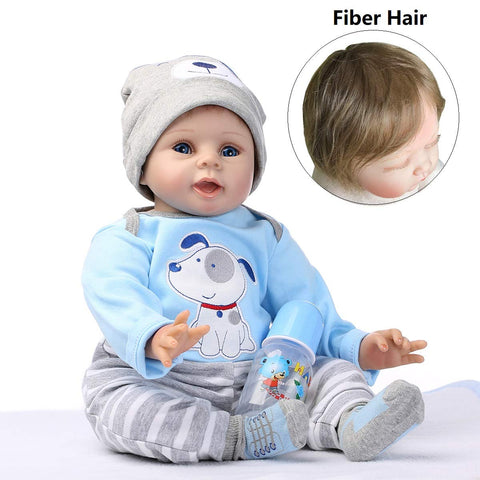 Reborn Baby Doll Soft Silicone Vinyl Baby Boy 22inch 55cm Mouth Cute boy Wearing Toy Blue Dog Cute Doll Gift Set for Ages 3+