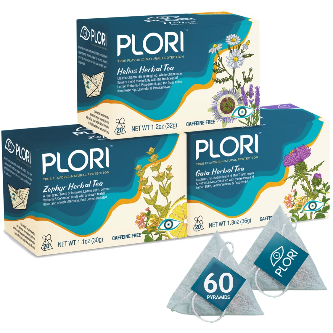 PLORI Greek Herbal Teas - Variety Pack with 3 Calming & Fortifying Blends (Chamomile - Milk Thistle & Nettle Leaf - Greek Mountain Tea). 3 x 20 Pyramid Bags I Naturally Caffeine free