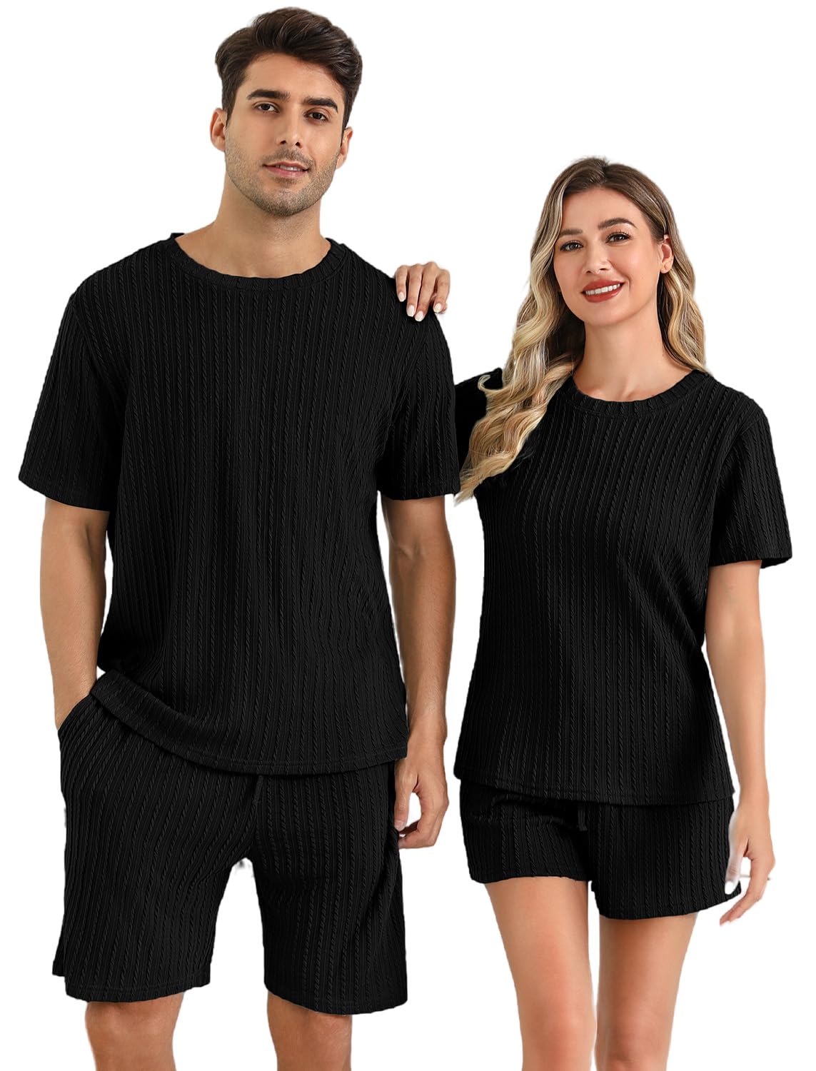 EISHOPEER Pajamas 2 Piece Lounge Sets Ribbed Knit Matching Outfits T-Shirt and Shorts Sleepwear Loungewear Summer Sweatsuits Black Medium