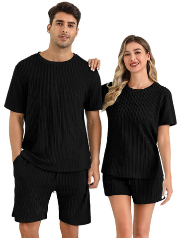 EISHOPEER Pajamas 2 Piece Lounge Sets Ribbed Knit Matching Outfits T-Shirt and Shorts Sleepwear Loungewear Summer Sweatsuits Black Medium