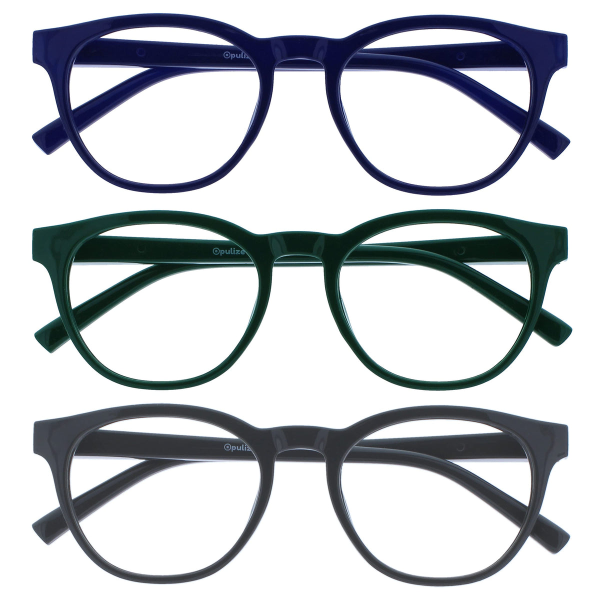 OPULIZE Blu Reading Glasses with Blue Light Blocking 3 Pack Cool Round Frame Spring Hinges Improve Sleep Computer Gaming Anti-Reflective Blue Green Grey Mens Womens BBB5-367 +2.50