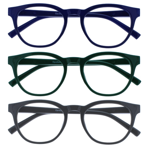 OPULIZE Blu Reading Glasses with Blue Light Blocking 3 Pack Cool Round Frame Spring Hinges Improve Sleep Computer Gaming Anti-Reflective Blue Green Grey Mens Womens BBB5-367 +2.50