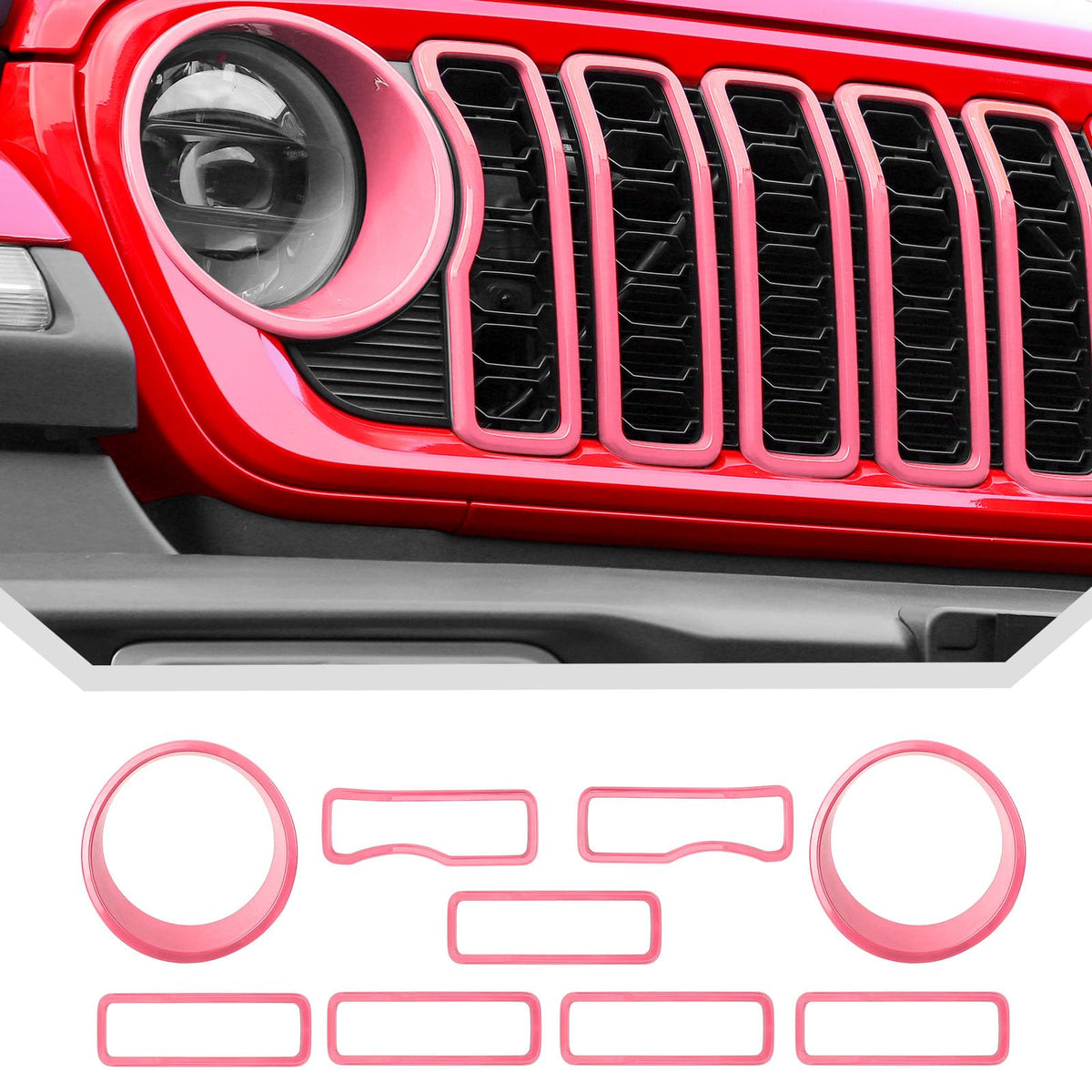 JeCar Grill Inserts for Jeep Wrangler JL JLU 2024+ Grill Covers & Headlight Covers Trim Kit Accessories (Pink)