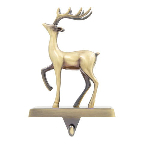 The Christmas Workshop Stocking Holder/Antique Finish Hanger in Silver or Gold/Festive Decoration with Metal Hook and Weighted Base/Reindeer or Christmas Tree (Gold Reindeer)