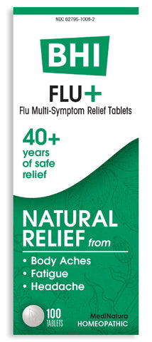 BHI Flu + Cold Multi-Symptom Relief Natural Safe Non-Drowsy Remedy 11 Targeted Homeopathic Active Ingredients for Body Aches, Fatigue, Chills & Headache - 100 Tablets