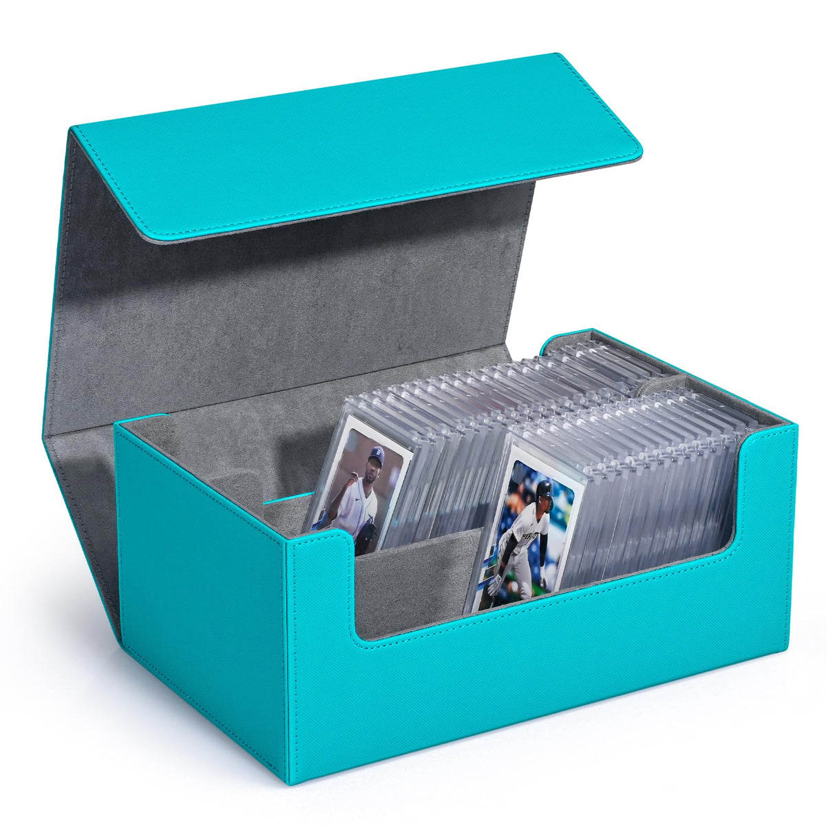 ZLCA Card Deck Box, Storage Box for 72 Magnetic Card Holder, PU Leather Trading Card Case for Toploaders, Compatible with Yugioh MTG Sports Baseball Playing Cards (Turquoise, Double)