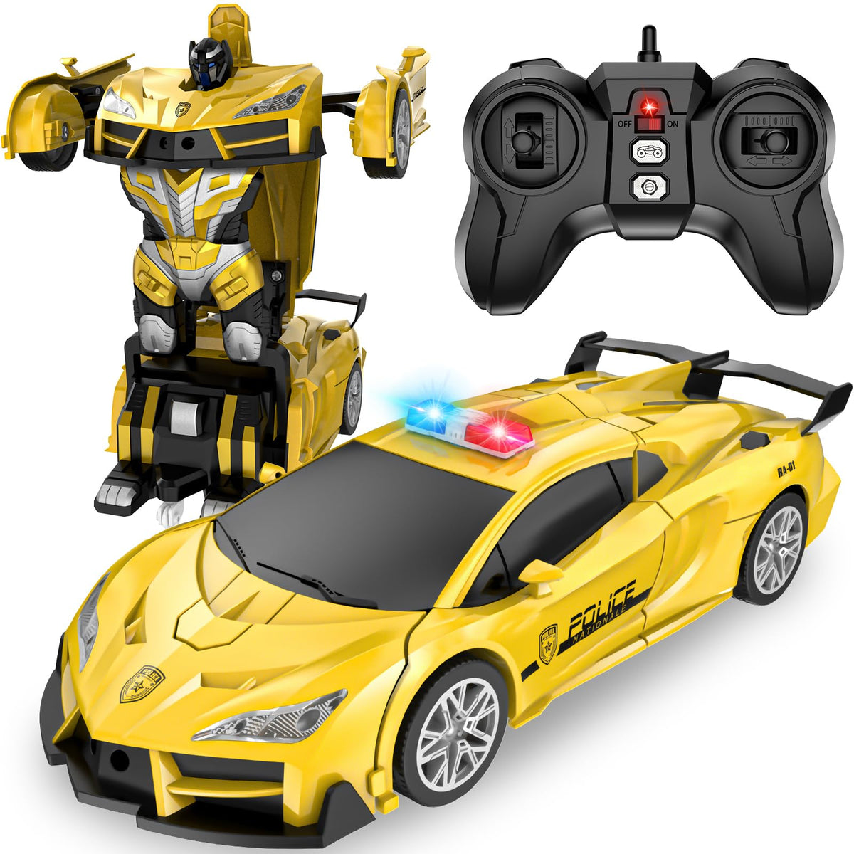 LNNKINE Remote Control Car, Transform Robot RC Cars, 2.4Ghz Transforming Police Car Toy with LED Light, One-Button Deformation & Rotating Drifting, Toys for 5+ Year Boys/Girls