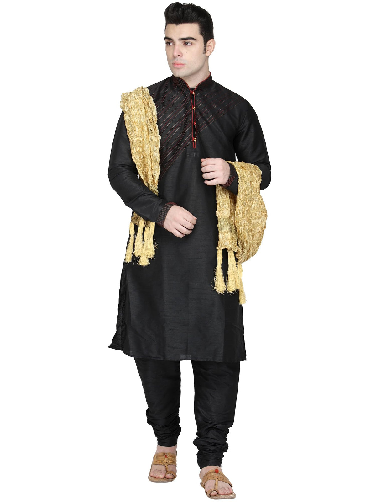 SKAVIJ Men's Art Silk Kurta Pajama and Scarf Festivals Season Ethnic Party Dress Suit (Medium, Black)