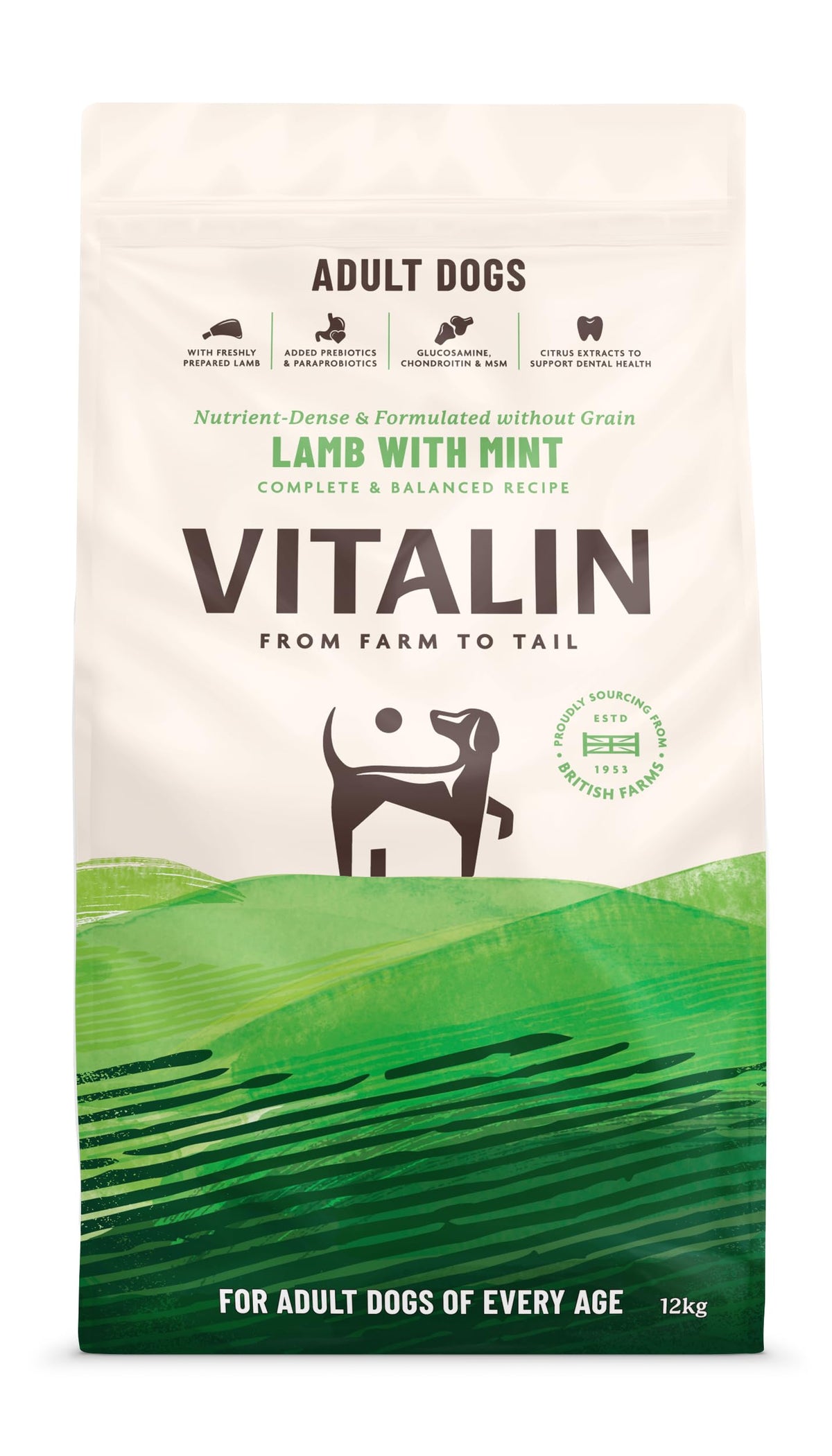 Vitalin Adult Lamb with Mint Dry Dog Food | Grain-Free Nutrition with Joint, Gut & Dental Support | 12KG