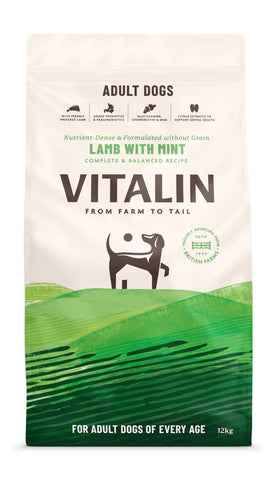 Vitalin Adult Lamb with Mint Dry Dog Food | Grain-Free Nutrition with Joint, Gut & Dental Support | 12KG