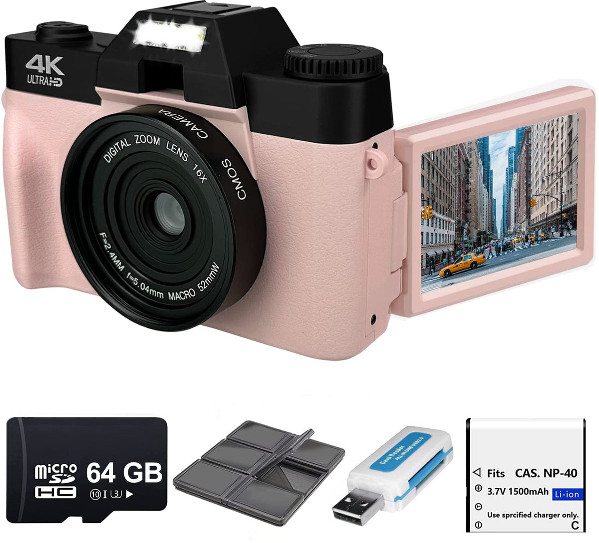 eDealz 4K 48MP Digital Camera Photography with 3ÃƒÂ¢Ã¢â€šÂ¬Ã¢â€žÂ¢ÃƒÂ¢Ã¢â€šÂ¬Ã¢â€žÂ¢ 180Ãƒâ€šÃ‚Â° Flip Screen, WiFi, 16X Zoom, Rechargeable Battery, 64GB Micro SD Card, 6 PC Card Holder USB Card Reader (Pink)
