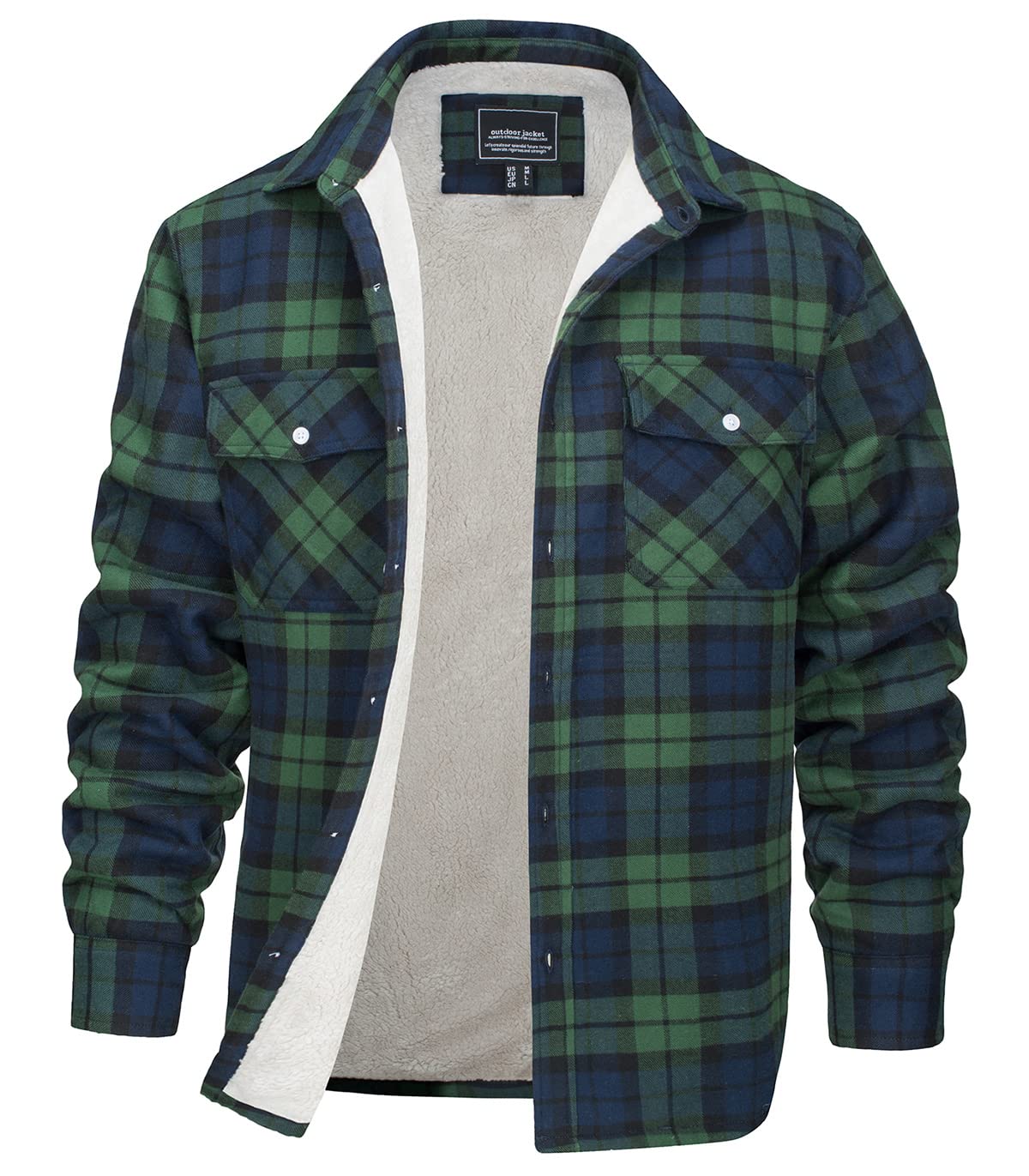 EKLENTSON Mens Long Sleeve Sherpa Fleece Lined Shirt Jacket Lapel Collar Winter Wokwear Flannel Jackets,Green,L