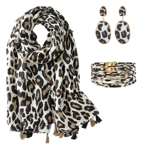 KRUIHAN 3 Pcs Scarf Gifts for Women,Leopard Print Scarf for Women UK with Earrings and Leather Bracelets,Women's Scarves & Wraps,Style B-Womens Scarf Beige Set