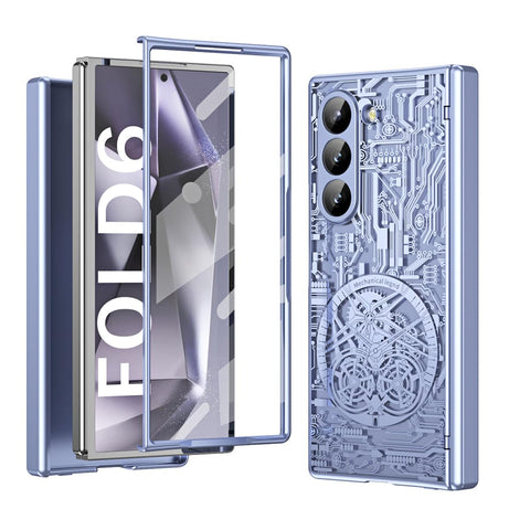 XIMAND for Samsung Galaxy Z Fold 6 Case with Mechanical Legend Pattern, Front Screen Protector - Sleek Design, Holographic Texture, Plating Folding Completely 360 Full Protection.(Blue)