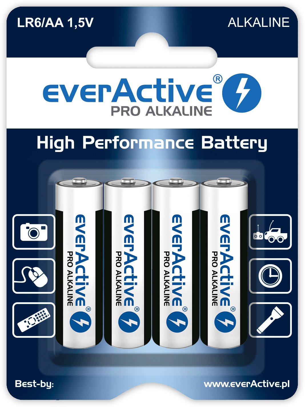 EverActive AA Batteries Pack of 4 Pro Alkaline Mignon LR6 R6 1.5 V Highest Performance 10 Year Shelf Life - 4 Pack - 1 Blister Card, Black/White