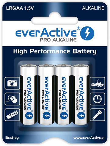 EverActive AA Batteries Pack of 4 Pro Alkaline Mignon LR6 R6 1.5 V Highest Performance 10 Year Shelf Life - 4 Pack - 1 Blister Card, Black/White