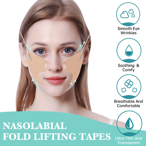 Face Lift Tapes Smile Lines Wrinkles Patches, Face Stickers Nasolabial Fold Lift Tape Home Use for Smooth Smile Lines (4pcs fixed ropes, 5 pairs replacement tapes) (Skin Tone Fabric)