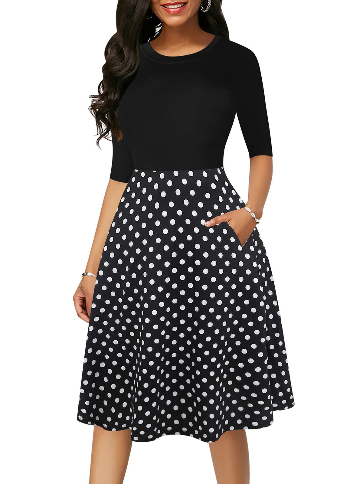 oxiuly Women's Vintage Round Neck Floral Casual Pockets Tunic Party Cocktail Cotton Blend A-Line Summer Dress OX262 (S, Black Dot PT)